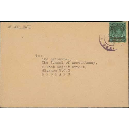 1321 - Kangar. c.1946 Air Mail cover to England franked B.M.A 50c cancelled by the Kangar Japanese Occupati... 