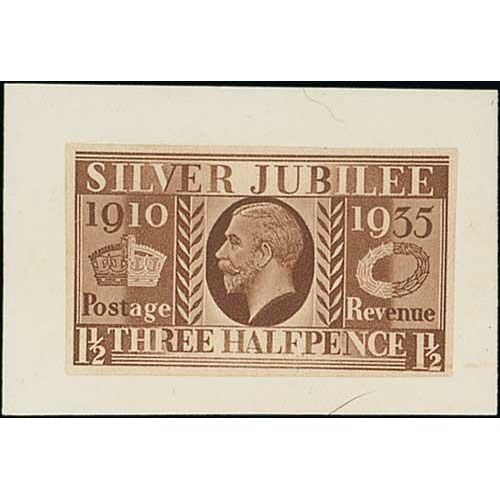 137 - 1935 Silver Jubilee, 1½d imperforate colour trial in pale brown, affixed to card. Superb and ra... 