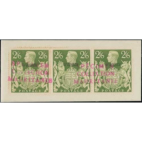 139 - 1939-42 KGVI 2/6 Brown, 2/6 yellow-green, 5/- red and 10/- dark blue in horizontal strips of three a... 