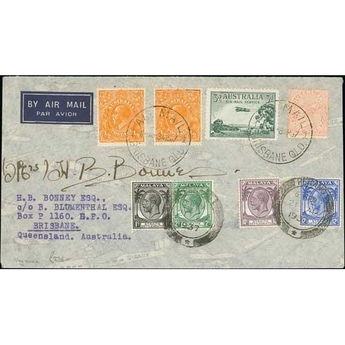 1518 - 1937 (April) Brisbane to Cape Town flight by Mrs Bonney, cover flown to Penang with Australia and Qu... 