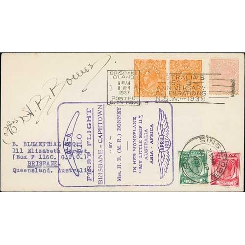 1519 - 1937 (April) Brisbane to Cape Town flight by Mrs Bonney, cover flown to Singapore with Australian an... 