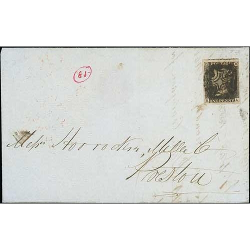 25 - 1841 (Mar. 20) Entire letter from Manchester to Preston with 1d black KL plate 9, four close to huge... 