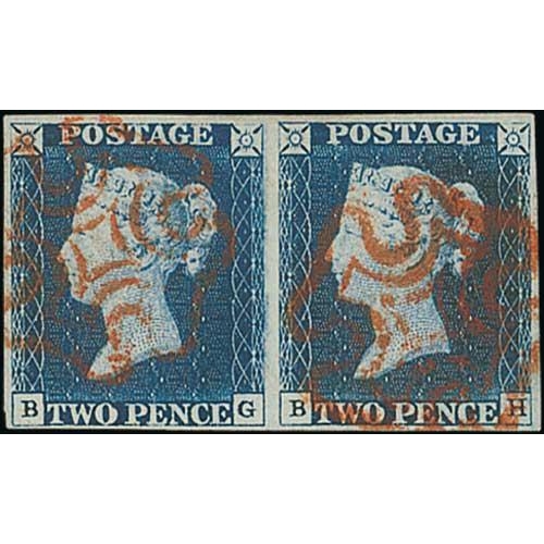 28 - 1840 2d Steel blue, plate 1, BG-BH pair with orange-red Maltese Crosses, a superb pair with good mar... 