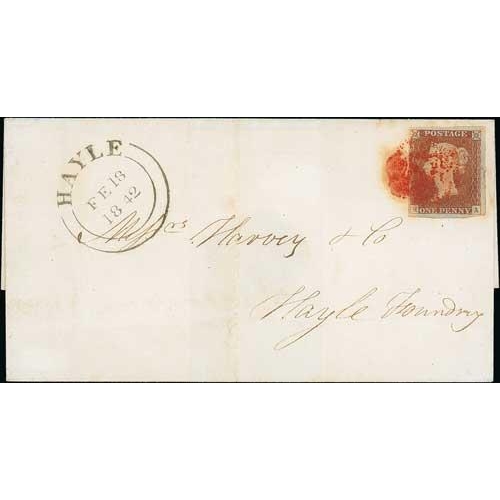 35 - 1842 (Feb. 17) Entire from Redruth to Hayle bearing a 1d red, RA plate 2 with four good to large mar... 