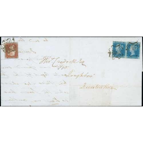 42 - 1843 (Apr. 19) Long entire letter from London to Loughborough, 4d postage paid by 1841 2d blue plate... 