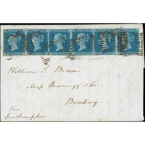 43 - 1846 (Sep. 18) Part entire (side flaps removed) from Greenock to Bombay, with 1841 2d blue plate 3 L... 