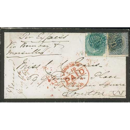 447 - India. 1867 Mourning covers from Calcutta to London, two franked at the 6a8p rate with a single 6a8p... 