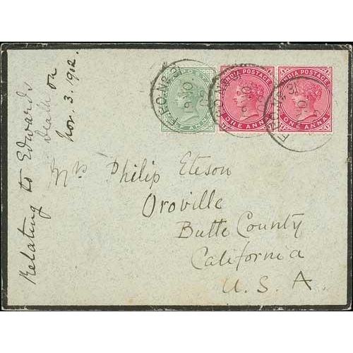 448 - India. 1902 (Nov. 19) Cover to USA franked ½a + 1a pair each cancelled by 