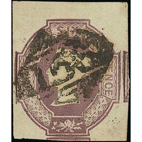 46 - 1854 Embossed 6d, cut square, four good to enormous margins, used with Irish numeral 