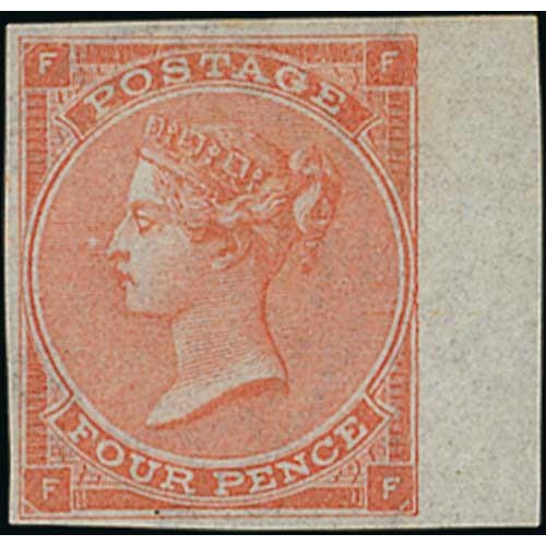 51 - 1862-64 4d Pale red plate 4, watermark Large Garter, FF with margin at right, variety imperforate, f... 