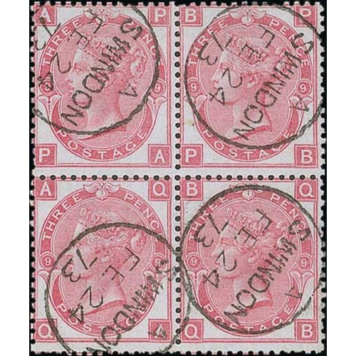 53 - 1867-80 3d Rose, watermark Spray of Rose, plates 7, 8 and 9 in blocks of four, all superb used with ... 