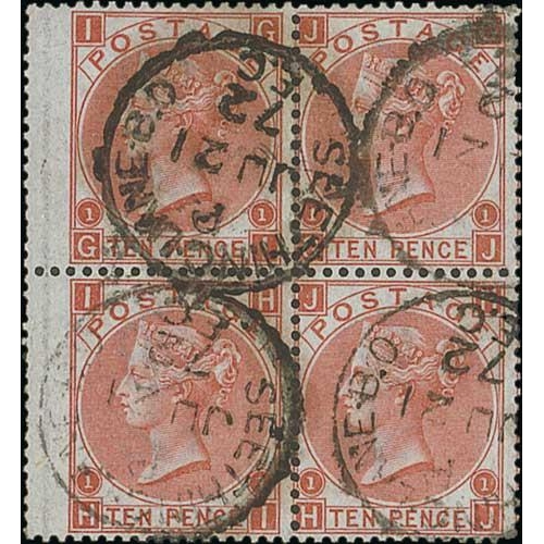 54 - 1867-80 10d Pale red-brown plate 1, watermark Spray of Rose, GI-HJ block of four with wing margin at... 