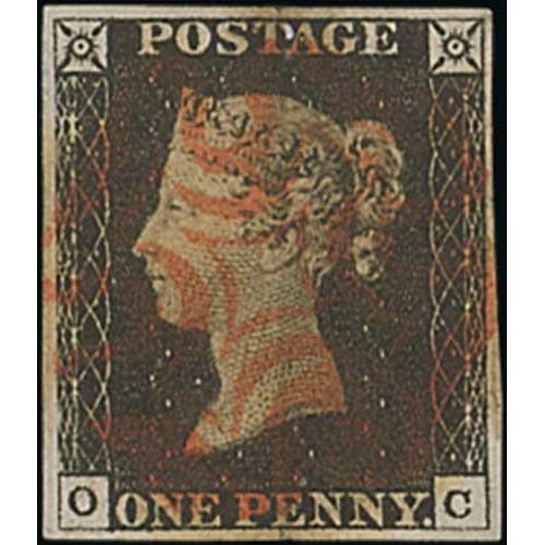 8 - 1840 1d Black, OC plate 2 used with a red Maltese Cross, four good even margins, very fine. Photo on... 