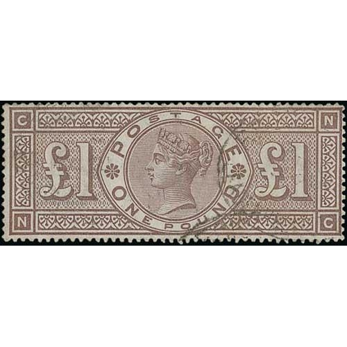 81 - 1884 £1 Brown-lilac, watermark Imperial Crown, NC used with light Registered cancels, light ver... 