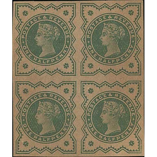 88 - 1900 ½d Green, imperforate plate proof block of four in green on ungummed buff paper, fine. S.G... 