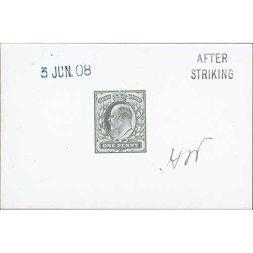 93 - 1908 King Edward VII 1d Die Proof in black on white glazed card, dated 