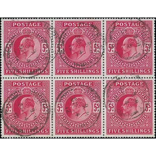 97 - 1902 5/- Bright Carmine, block of six fine used with Guernsey datestamps. S.G. 263, £1,540. Pho... 