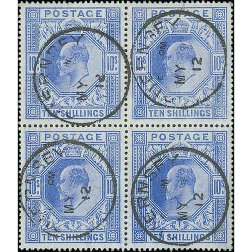 98 - 1902 10/- Ultramarine, block of four superb used with Guernsey datestamps. S.G. 265, £2,500. Ph... 