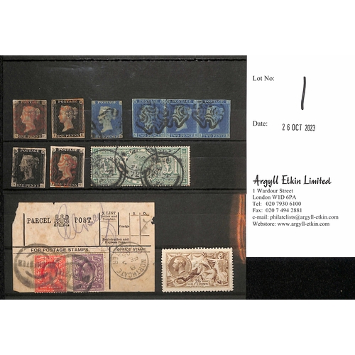 1 - 1840-1915 Selection comprising used 1d blacks (4) and 1840 2d blue (all with faults), 1841 2d strip ... 