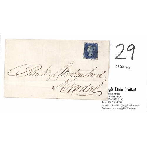 29 - 1841 (Apr. 22) Entire from Kirby Lonsdale to Kendal bearing 1840 2d blue, KL plate 1 with four margi... 