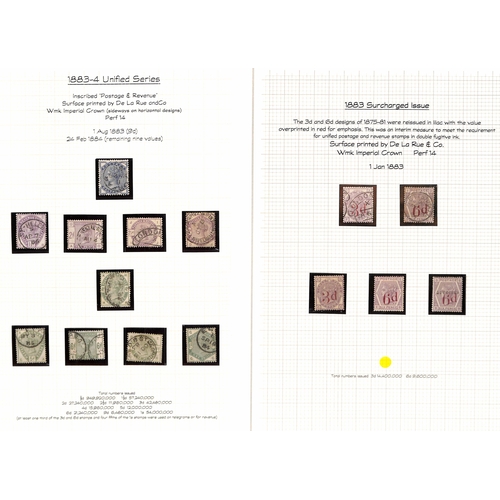 75 - 1881-84 Specimen, mint and used issues on six pages including 1d lilac (2), 6d on 6d and Imperial Cr... 