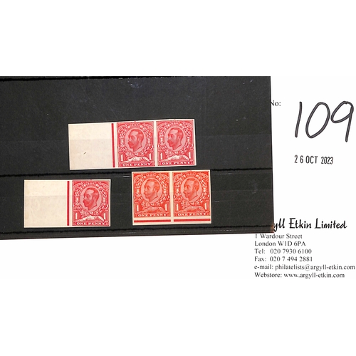 109 - 1911 KGV Downey Head 1d, die 1B imperforate plate proofs, marginal single and a pair in carmine on u... 