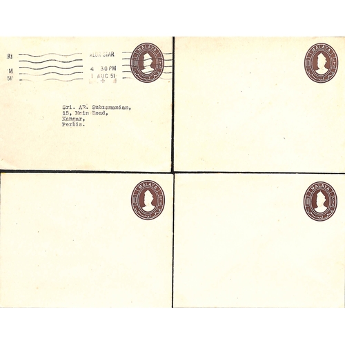 1328 - Envelopes. 1951 10c Envelopes unused (3, laid and rough papers) or used from Alor Star to Kangar. (4... 