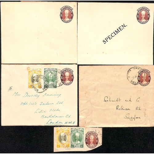 1291 - Envelopes. 1937-38 5c Envelopes Specimen, unused, used to Singapore (faults) or used from Kuala Krai... 