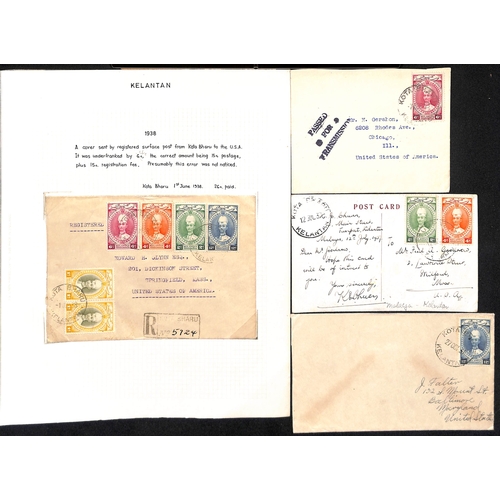 1253 - 1937-39 Covers from Kota Bharu (3) and a picture postcard from Tumpat, all to the USA, with a regist... 