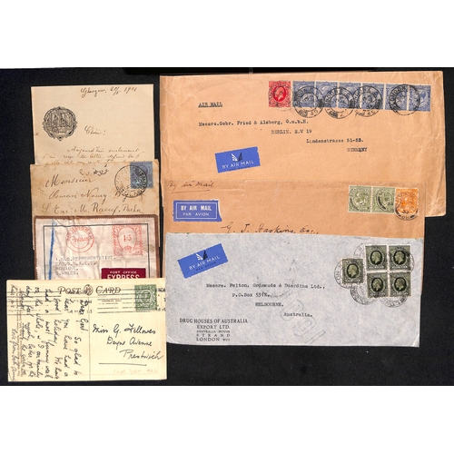 201 - QV-KGV Covers and cards including large 1904 cover to USA franked KEVII 1½d + 6d + 10d pair + 2... 