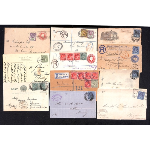 201 - QV-KGV Covers and cards including large 1904 cover to USA franked KEVII 1½d + 6d + 10d pair + 2... 