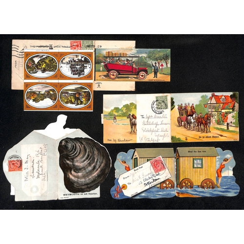 178 - Novelty Shaped Postcards. 1910-22 Cards containing fold-out views, with a stamp applied directly to ... 