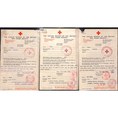 321 - Ceylon. 1942-44 Ceylon Red Cross forms from Gordon Male to his wife or parents in Jersey (16, two ty... 