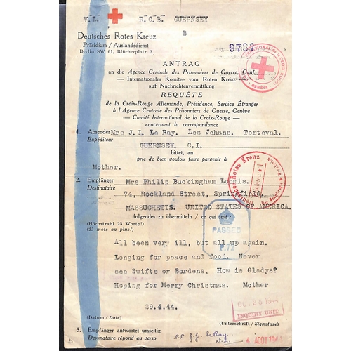 329 - USA. 1941-44 German forms all from Alice, Laura or Julia la Ray in Guernsey to relatives in the USA,... 