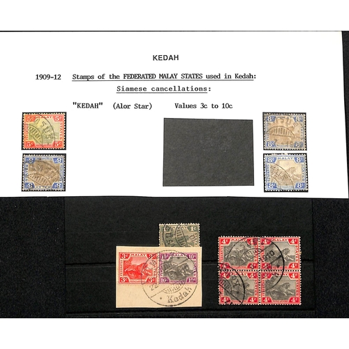 1140 - Alor Star. 1909-12 Stamps (26) and pieces (17, bearing 24 stamps) all with the bilingual Kedah doubl... 