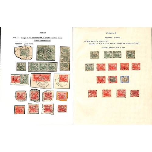 1140 - Alor Star. 1909-12 Stamps (26) and pieces (17, bearing 24 stamps) all with the bilingual Kedah doubl... 