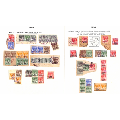 1320 - Kangar. 1945-47 BMA Stamps on pieces (17, bearing 50 stamps), and single stamps (5), all cancelled b... 