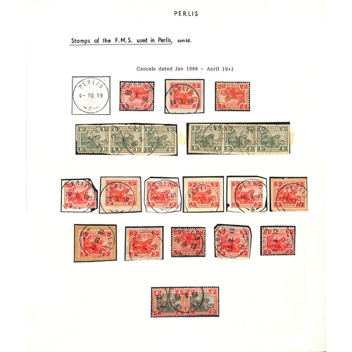 1303 - 1909-12 Stamps (6) and pieces (12) with single ring Perlis c.d.s, comprising two 1c strips of three ... 