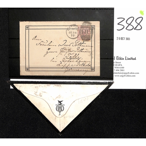 388 - 1865 Triangular shaped mourning cover posted within London franked 1d red. Also 1877 cover with prin... 