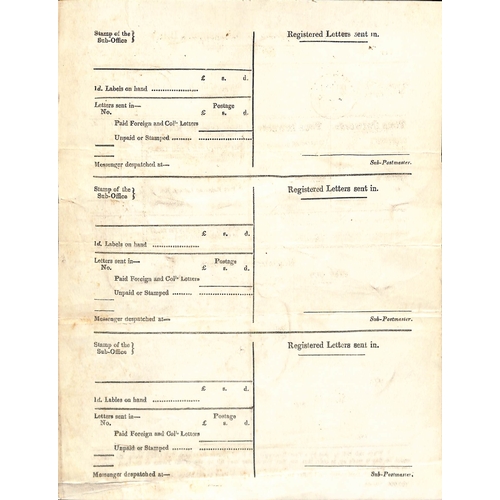 338 - Manchester. 1855 (Mar. 1) Sub-Postmasters or Messengers Bill recording the inward and outward mails ... 