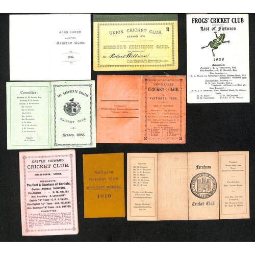 365 - England - Fixture Cards. 1874-1939 Club fixture cards including 1879 Uxbridge C.C card signed by Gub... 