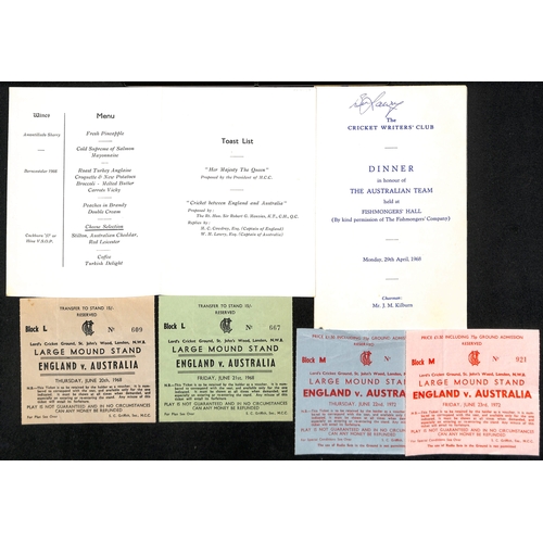 367 - Australia - Tours to England. 1921-2005 Ephemera including 1934 Kennington Oval scorecard (Australia... 