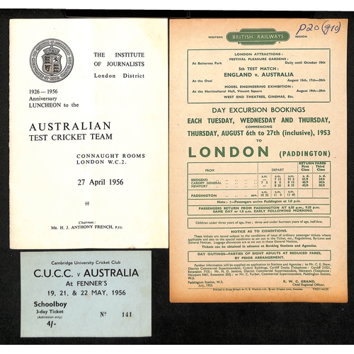 367 - Australia - Tours to England. 1921-2005 Ephemera including 1934 Kennington Oval scorecard (Australia... 