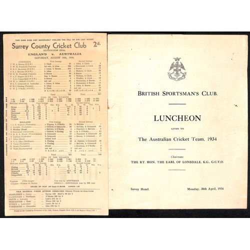 367 - Australia - Tours to England. 1921-2005 Ephemera including 1934 Kennington Oval scorecard (Australia... 