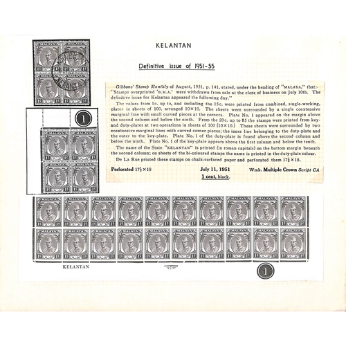 1262 - 1951-55 1c - $5 Set of 21, mint and used study on pages with the set in mint plate blocks of four, a... 