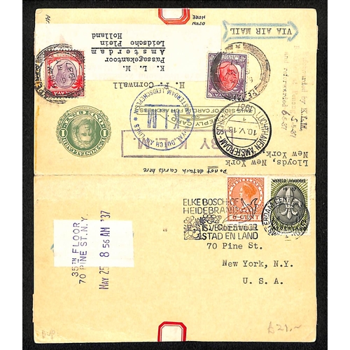 1517 - 1937 (April) USA 1c + 1c reply card from New York to Penang, the outward half franked US Air 20c + 5... 