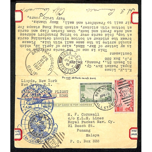 1517 - 1937 (April) USA 1c + 1c reply card from New York to Penang, the outward half franked US Air 20c + 5... 