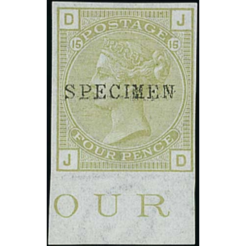 62 - 1877 4d Sage-green, plate 15, JD imperforate marginal plate proof handstamped type 9 Specimen, super... 