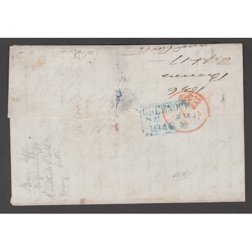 43 - 1846 (Sep. 18) Part entire (side flaps removed) from Greenock to Bombay, with 1841 2d blue plate 3 L... 