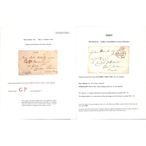 218 - 1805-39 Entire letters or entires (22) and fronts (7) including alterations in the day of posting by... 